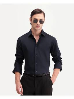 Rare Rabbit - Rona Men Navy Blue Solid Spread Collar Regular Shirt