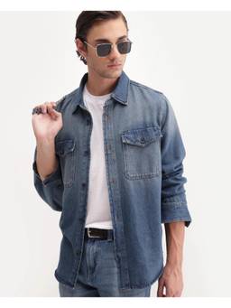 Rare Rabbit - Men Blue Solid Cotton Shacket