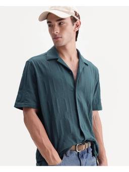 Rare Rabbit - Skol Men Dark Teal Textured Cuban Collar Shirt
