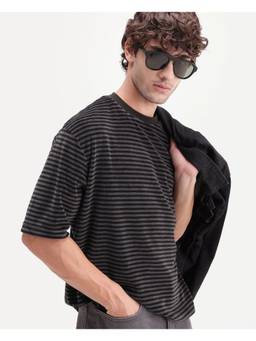 Rare Rabbit - Stride Men Dark Brown Striped Crew Neck Relaxed T-Shirt