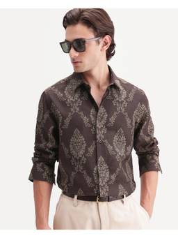 Rare Rabbit - Tiel-26 Men Dusky Brown Jacquard Spread Collar Shirt
