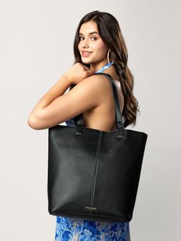 Accessorize London - Womens Faux Leather Black Contrast Stitch Tote Bag
