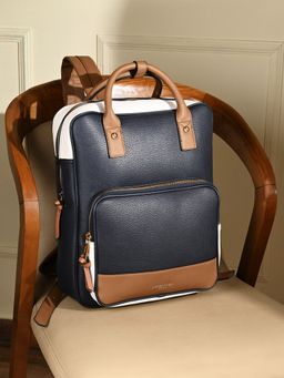 Accessorize London - Womens Faux Leather Navy Blue Pocket Handle Backpack with 12 Inch Laptop Sleeve