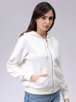Freehand - White Relaxed Fit Solid Full Sleeves Hoodie