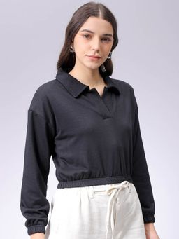 Freehand - Boxy Fit Solid Collar Full Sleeves Cropped Sweatshirt