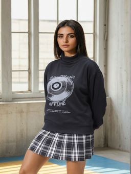 Freehand - Black Loose Fit Printed Pullover Sweatshirt