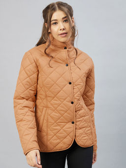 RARE - Women Casual Tan Stand Collar Solid Padded Jacket