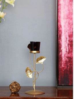 At Home by Nilkamal - Gingko Candle Stand|Pack of 1 |13 cm x 27.5 cm|Black & Gold