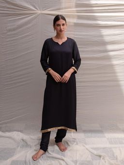 PRIYANKA RAAJIV - Revan Navy Blue Modal Styled Kurta With Embroidered Sequin Border (Set of 2)