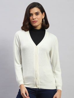 Monte Carlo - Women Solid Off White Full Sleeves V-Neck Cardigan