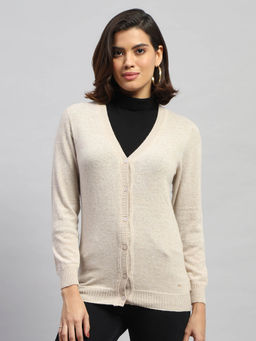 Monte Carlo - Women Solid Cream Full Sleeves V-Neck Cardigan