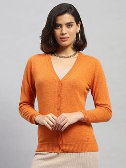 Monte Carlo - Women Solid Orange Full Sleeves V-Neck Cardigan