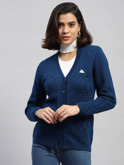 Monte Carlo - Women Woven Navy Blue Full Sleeves V-Neck Cardigan