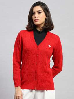 Monte Carlo - Women Woven Red Full Sleeves V-Neck Cardigan