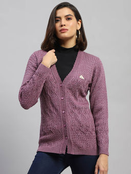Monte Carlo - Women Woven Purple Full Sleeves V-Neck Cardigan