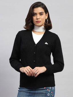 Monte Carlo - Women Woven Black Full Sleeves V-Neck Cardigan