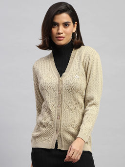 Monte Carlo - Women Woven Beige Full Sleeves V-Neck Cardigan