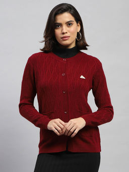 Monte Carlo - Women Woven Maroon Full Sleeves Round Neck Cardigan