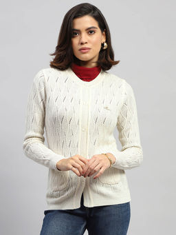 Monte Carlo - Women Woven White Full Sleeves Round Neck Cardigan