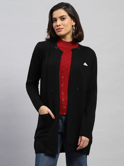 Monte Carlo - Women Solid Black Full Sleeves Round Neck Cardigan