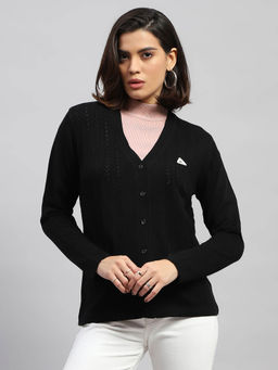Monte Carlo - Women Self Design Black Full Sleeves V-Neck Cardigan
