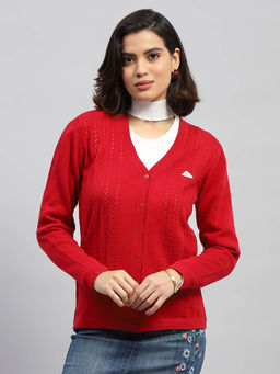 Monte Carlo - Women Self Design Red Full Sleeves V-Neck Cardigan