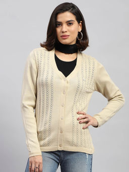 Monte Carlo - Women Self Design Cream Full Sleeves V-Neck Cardigan