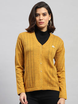 Monte Carlo - Women Self Design Mustard Full Sleeves V-Neck Cardigan