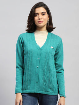 Monte Carlo - Women Self Design Green Full Sleeves V-Neck Cardigan