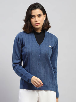 Monte Carlo - Women Self Design Navy Blue Full Sleeves V-Neck Cardigan