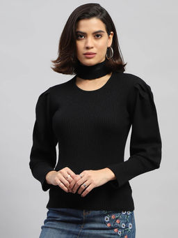 Monte Carlo - Women Solid Black Full Sleeves Round Neck Sweater