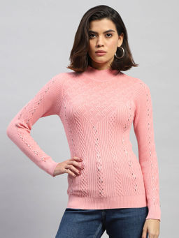 Monte Carlo - Women Self Design Pink Full Sleeves High Neck Sweater