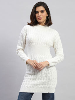 Monte Carlo - Women Self Design White Full Sleeves High Neck Sweater