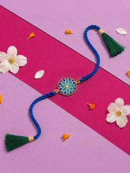 Zavya - 925 Sterling Silver Blue Enamel Mandala Rakhi for Brother Gold