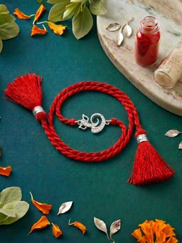 Zavya - 925 Sterling Silver Ganesha Motif Rakhi for Brother Red