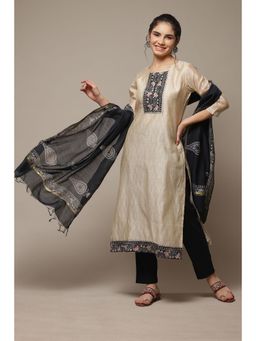Biba - Beige Chanderi Unstitched Suit (Set of 3)