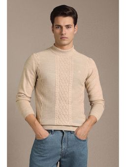 Louis Philippe - Men Beige Textured Turtle Neck Full Sleeves Sweater