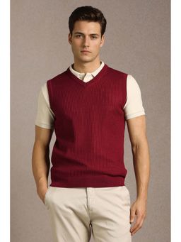 Louis Philippe - Men Maroon Textured V Neck Sleeveless Sweater
