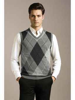 Louis Philippe - Men Grey Check V Neck Sleeveless Sweater