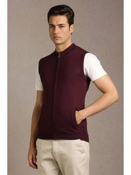 Louis Philippe - Men Maroon Solid Sleeveless Sweater
