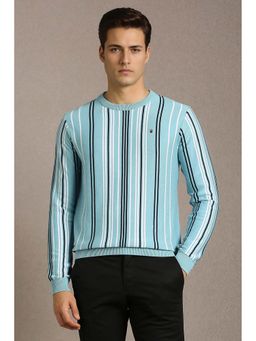 Louis Philippe - Men Light Blue Stripe Crew Neck Full Sleeves Sweater