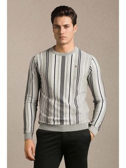 Louis Philippe - Men Grey Stripe Crew Neck Full Sleeves Sweater