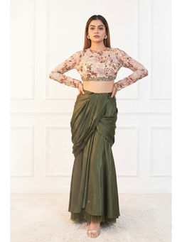 Label Simran Kochher - Green Drape Skirt With Crop Top (Set of 2)