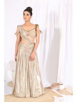 Label Simran Kochher - Dune Drip Taupe Pre Draped Saree with Stitched Blouse