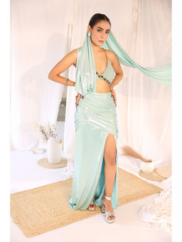 Label Simran Kochher - Blue Chrome Pre Draped Saree with Stitched Blouse