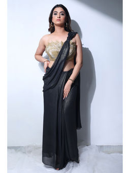 Label Simran Kochher - Black Sun Kissed Bloom Pre-Draped Saree with Stitched Blouse