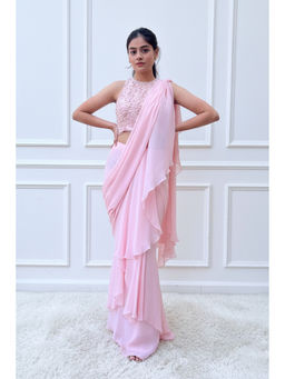 Label Simran Kochher - Blush Pink Pre-Draped Saree with Stitched Blouse