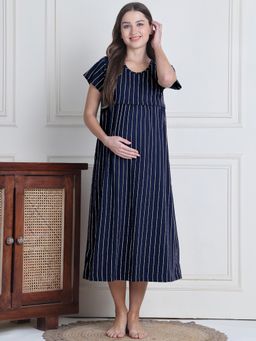 Secret Wish - Navy Blue Striped Hosiery Maternity Night Dress