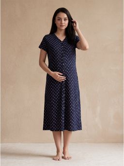 Secret Wish - Navy Blue Printed Hosiery Zipless Maternity Night Dress