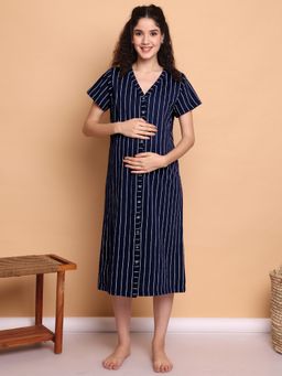 Secret Wish - Navy Blue Striped Hosiery Zipless Maternity Night Dress